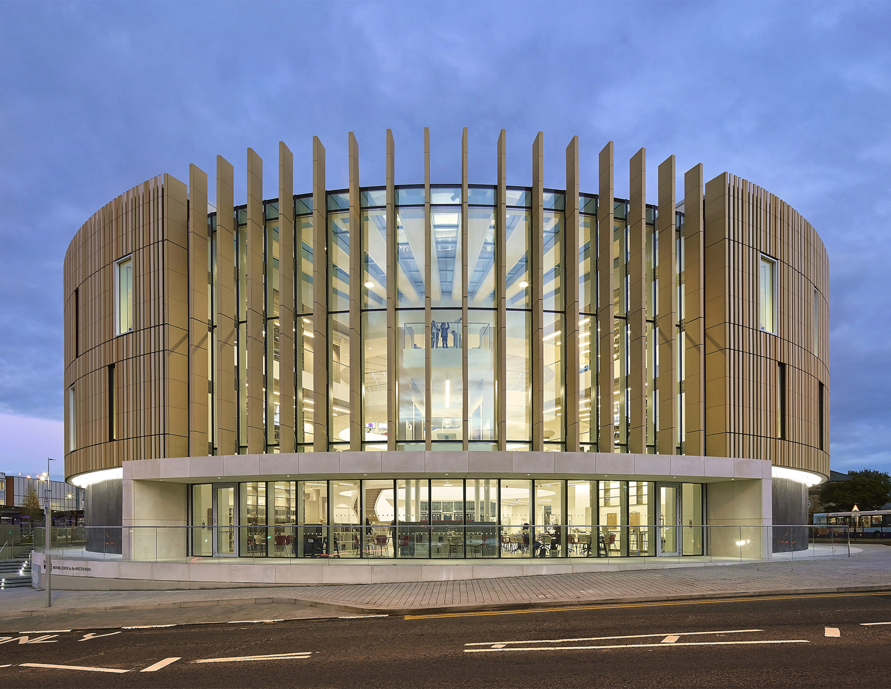 The Word South Shields Circular Building Entrance Facade At Dusk L